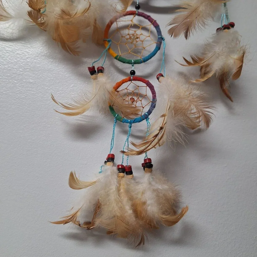 Peace Sign Rainbow Dreamcatcher Feathers Beads Handmade Boho Native Traditions‎